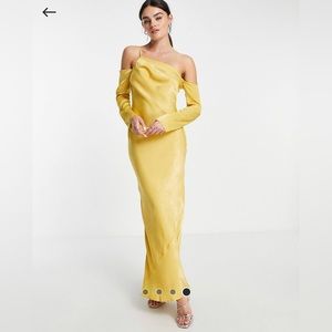 ASOS yellow satin maxi dress with cold shoulder detail